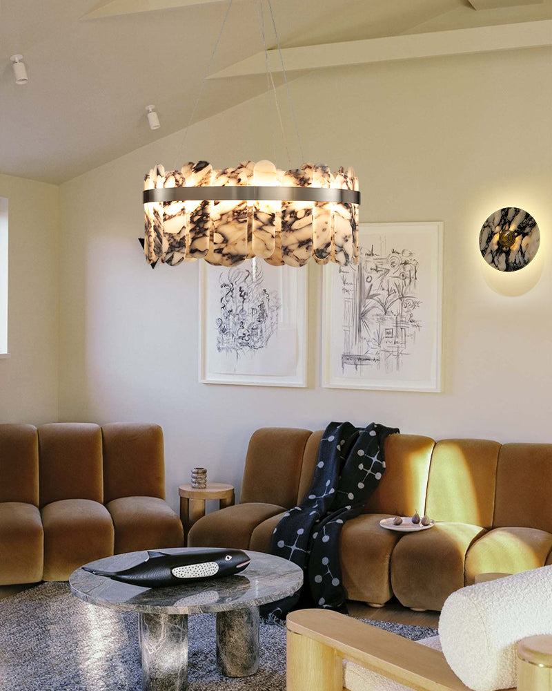 Modern LED Marble Round Chandelier 24" 32" Brushed Gold/Silver/Black Circle Frame