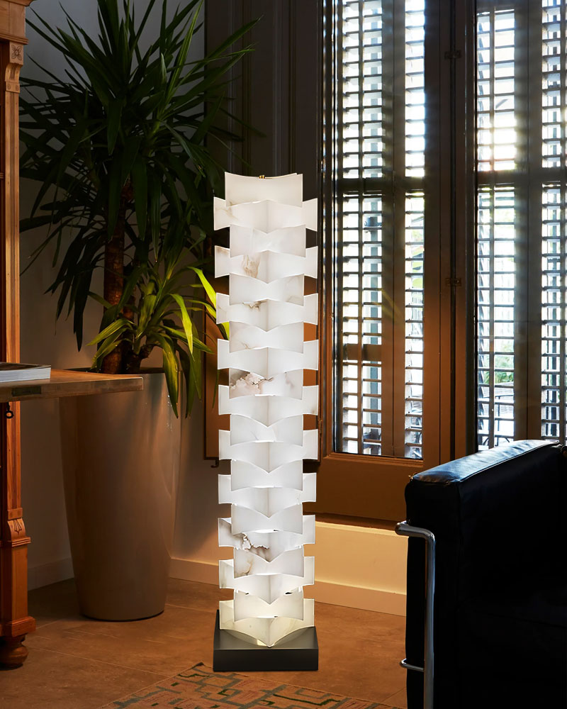 LED Stacked Laminated Square High Floor Lamp with Alabaster Marble shade