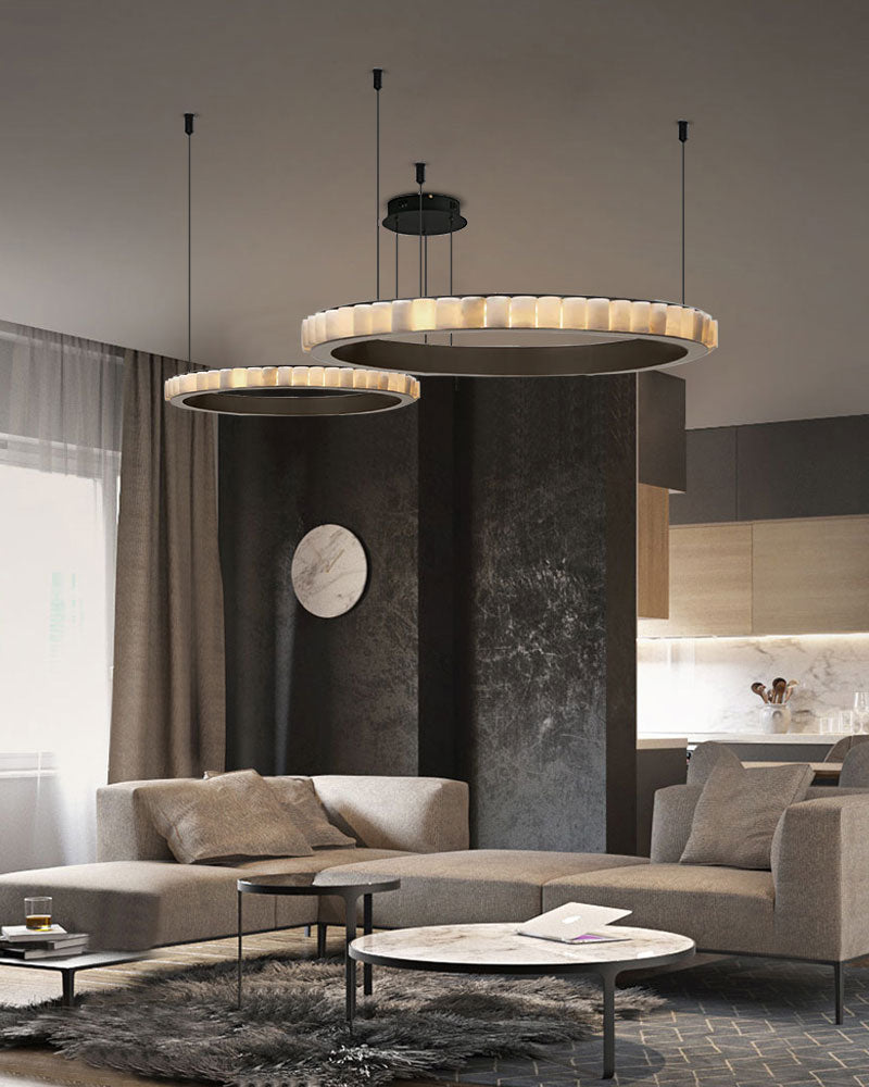 Three-tiered round ceiling pendant lamp enhancing modern living room ambiance