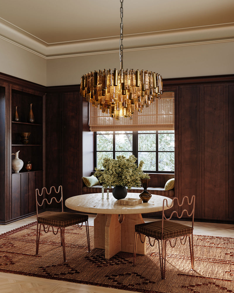 Brass multi-tier crystal prism chandelier with hanging clear glass tubes