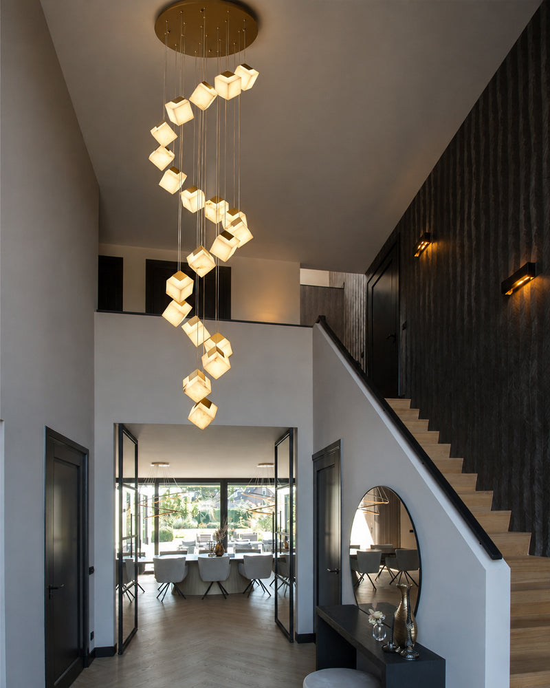 Alabaster Cube Cluster Sculptural Pendant Light - Natural Spanish Alabaster, Lux Gold Trim - Lobby, Foyer, Stairwells and High Ceilings