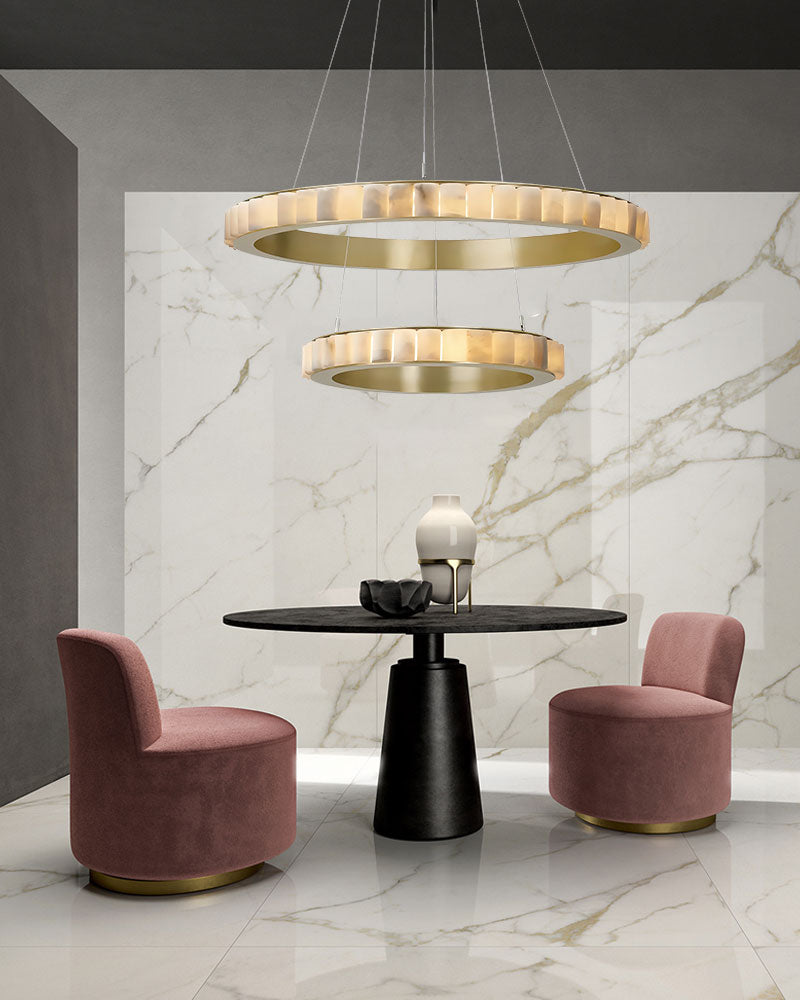 LED Black/Golden large ring chandeliers with marble plate lampshade, layers combination