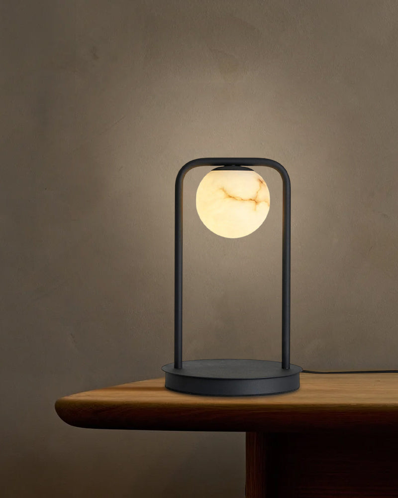 Modern Bedside Indoor Lighting Single Alabaster Globe LED Desk Table Lamp Black Iron Textured
