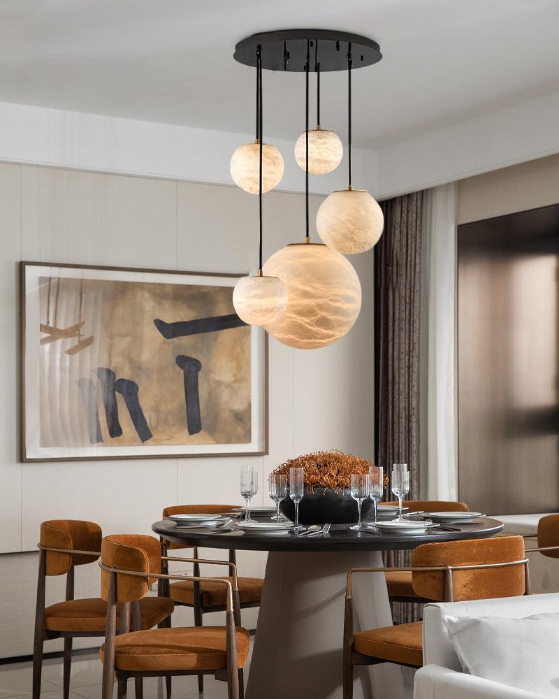 Sculpted Cluster Alabaster Pendant Lamp Collection,9-light, White & Golden Cord 150cm