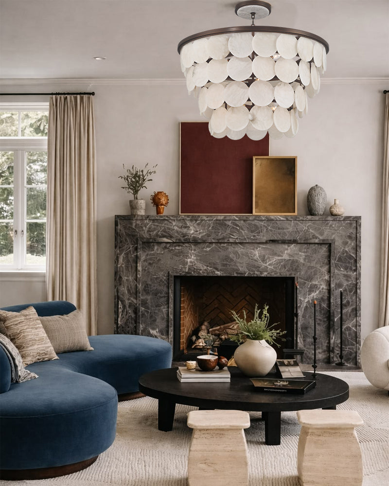 Alabaster Concentric Ring Disc Four Tier Ceiling Light - Semi Flush Mount, Heritage Brass Trim - Dining Rooms & Living Rooms