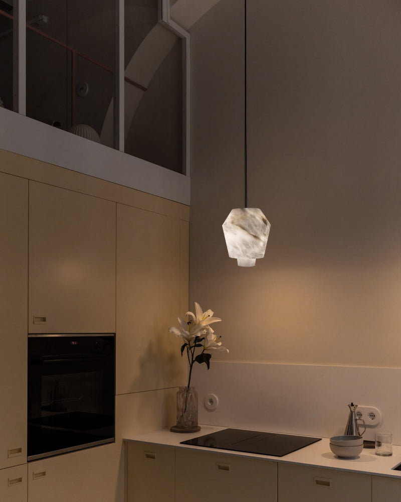Natural Alabaster Sculptural Geometric Orb Cluster Pendant Light - Natural Spanish Alabaster, Lux Gold Trim - Kitchens, Dining & Living Rooms