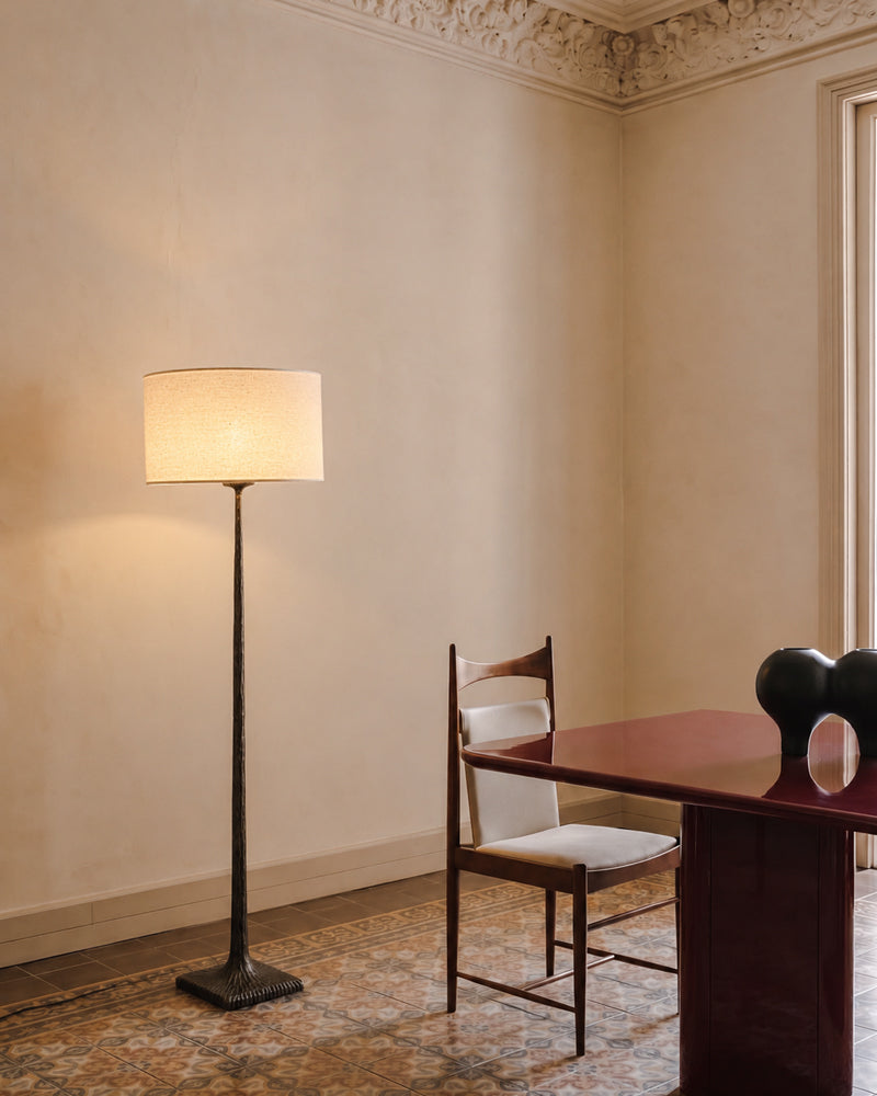 Hammered Brass Tapered Column Drum Floor Lamp - Lux Heritage Brass, Organic Linen Shade - Bedroom & Living Rooms