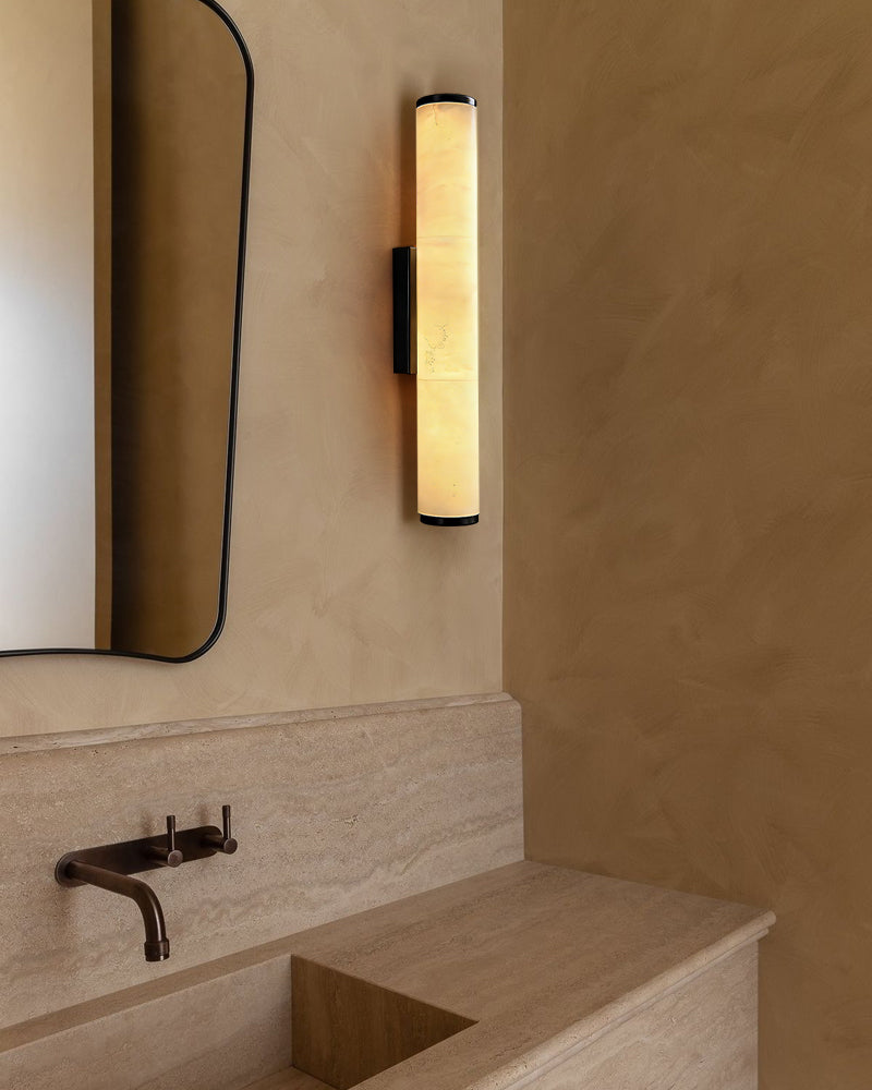 LightsStory Series Geometric Wall Sconce | Cylindrical Dual-Lighting Natural Marble and Polished Copper, Polished Copper finish for Hallways, Bedside Accents, and Living Areas Flush Mounted Wall Sconce Lamp