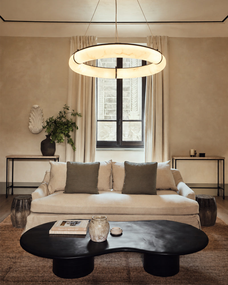 Cora Alabaster Circular Halo Suspended Ring Chandelier - Natural Spanish Alabaster, Lux Gold Trim - Living Rooms & Dining Rooms