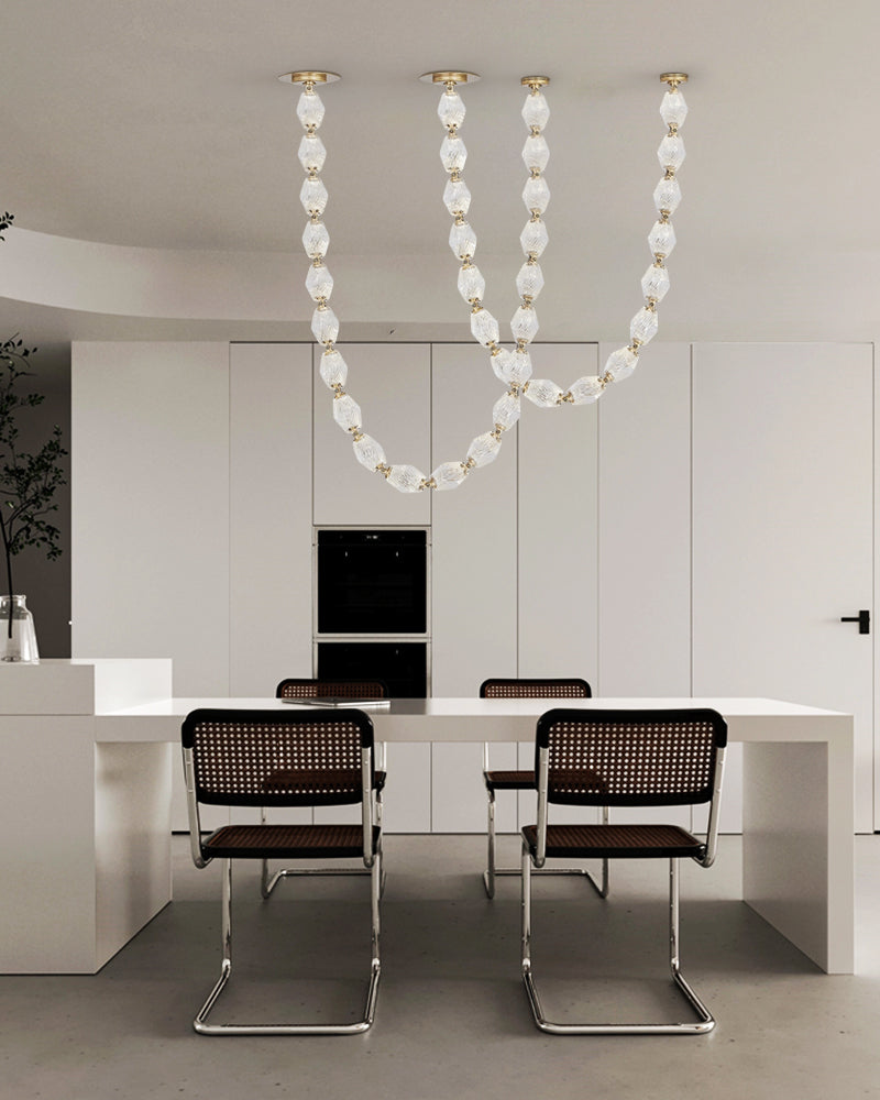 Clairval Glass Bead Rope Hanging Pendant Light - Clear Glass, Lux gold Trim - Lobby, Living Rooms & High Ceilings