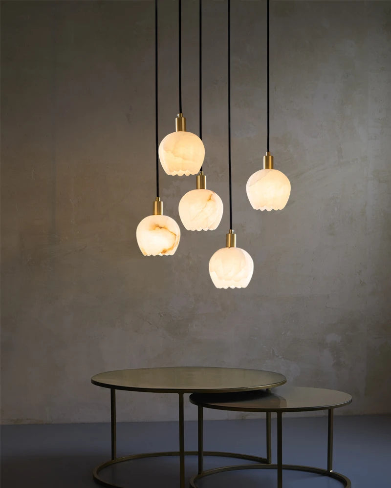 Lightstory Series Modern Alabaster Marble Pendant Lighting | 3/5/7/9 Lights Petal Bud with Gold or Black accents for Dining Room,Hotels American chandelier