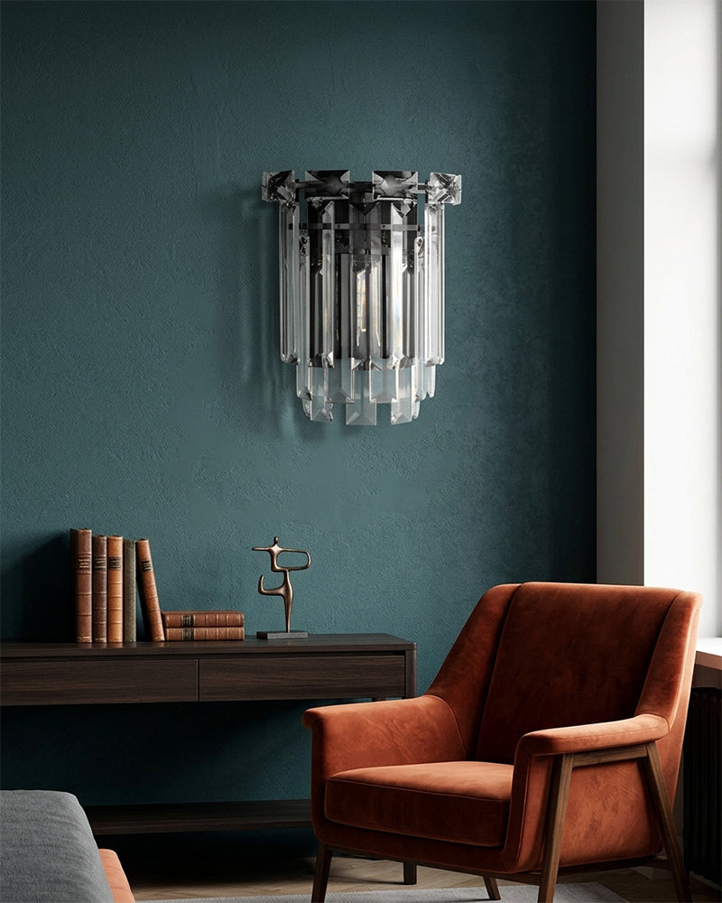 Gstaad Layered Tiered K9 Crystal Wall Light - K9 Crystal, Custom Gold or Serene Black Trim - Bathrooms, Bedrooms