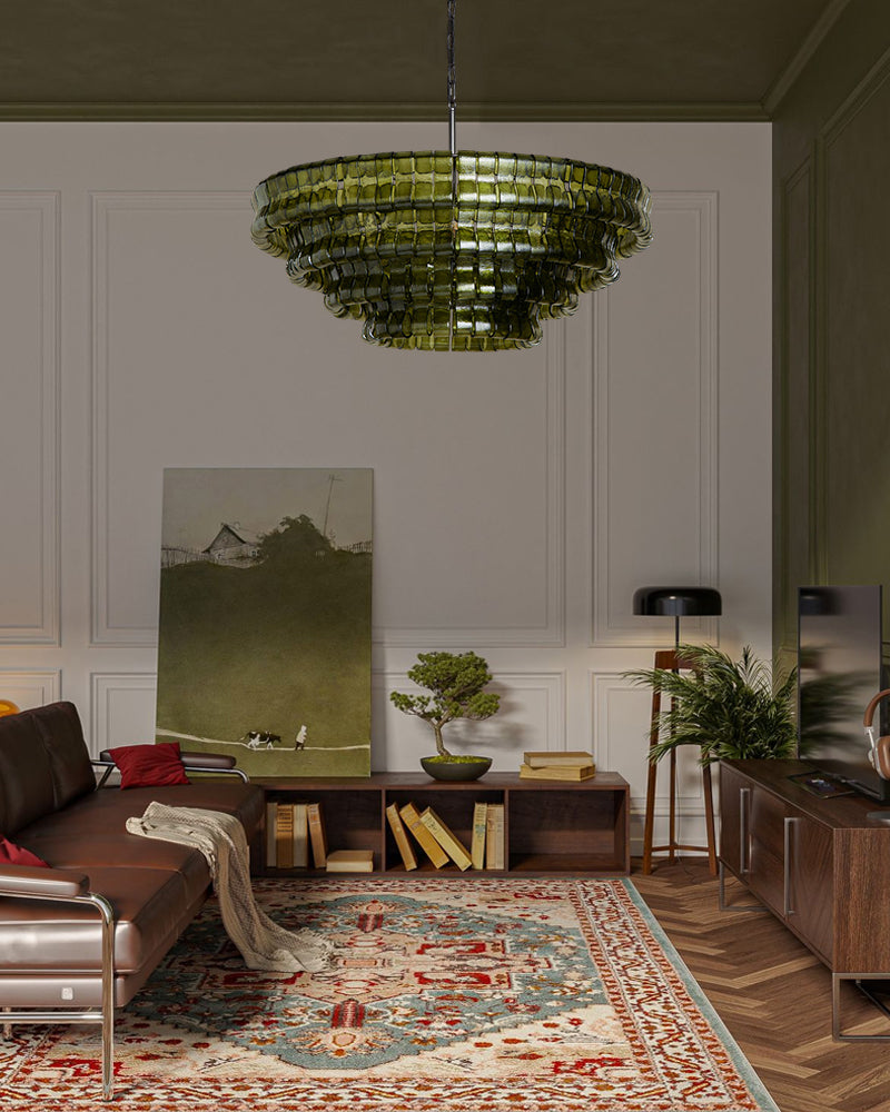 Brina Ghiaccio Murano Glass Smoked Green Cascade Pendant Light - Textured Glass, Heritage Brass Trim - Living Rooms & Dining Rooms