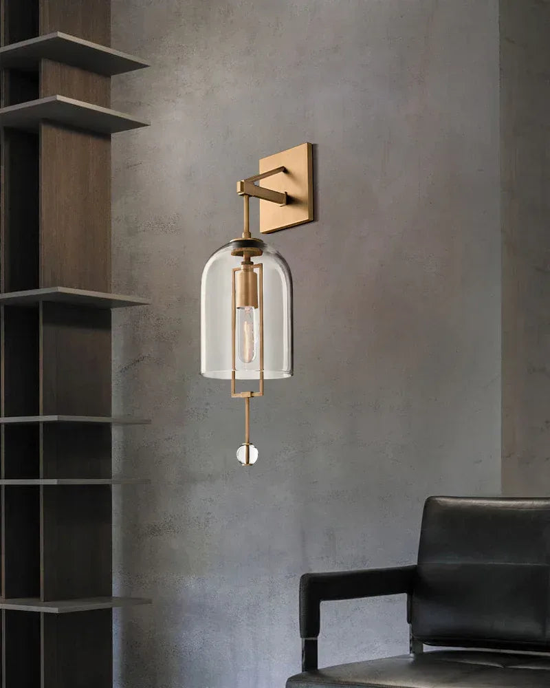 Rockport Series Geometric Wall Sconce | Sculptural Stems Ribbed borosilicate glass and lacquered metal, Brushed Brass accents for Dining rooms, lobbies, and modern open spaces Flush Mounted Wall Sconce Lamp