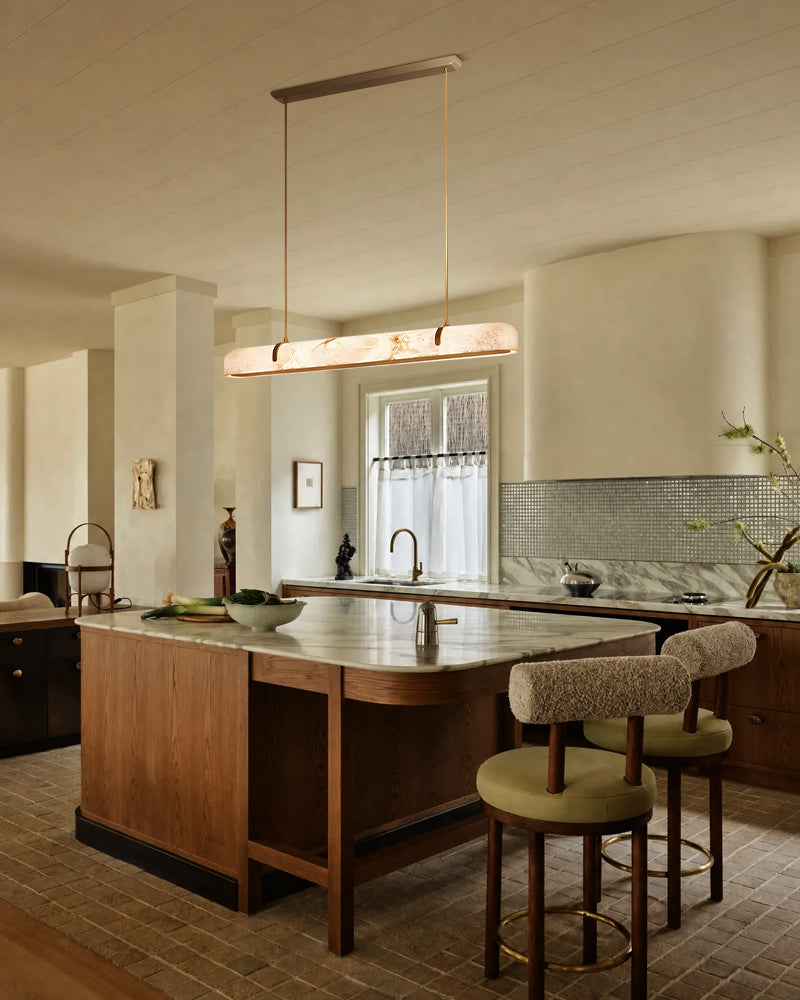 Alabaster Linear Capsule Chandelier - Natural Spanish Alabaster, Lux Gold Trim - Kitchen Islands & Dining Rooms