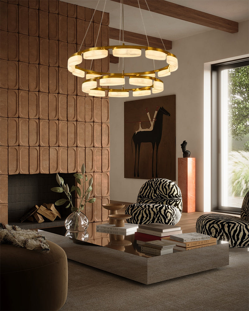 Alabaster Concentric Ring Disc Swirl Circular Pendant Light - Natural Spanish Alabaster, Lux Brass Trim - Kitchens, Dining & Living Rooms