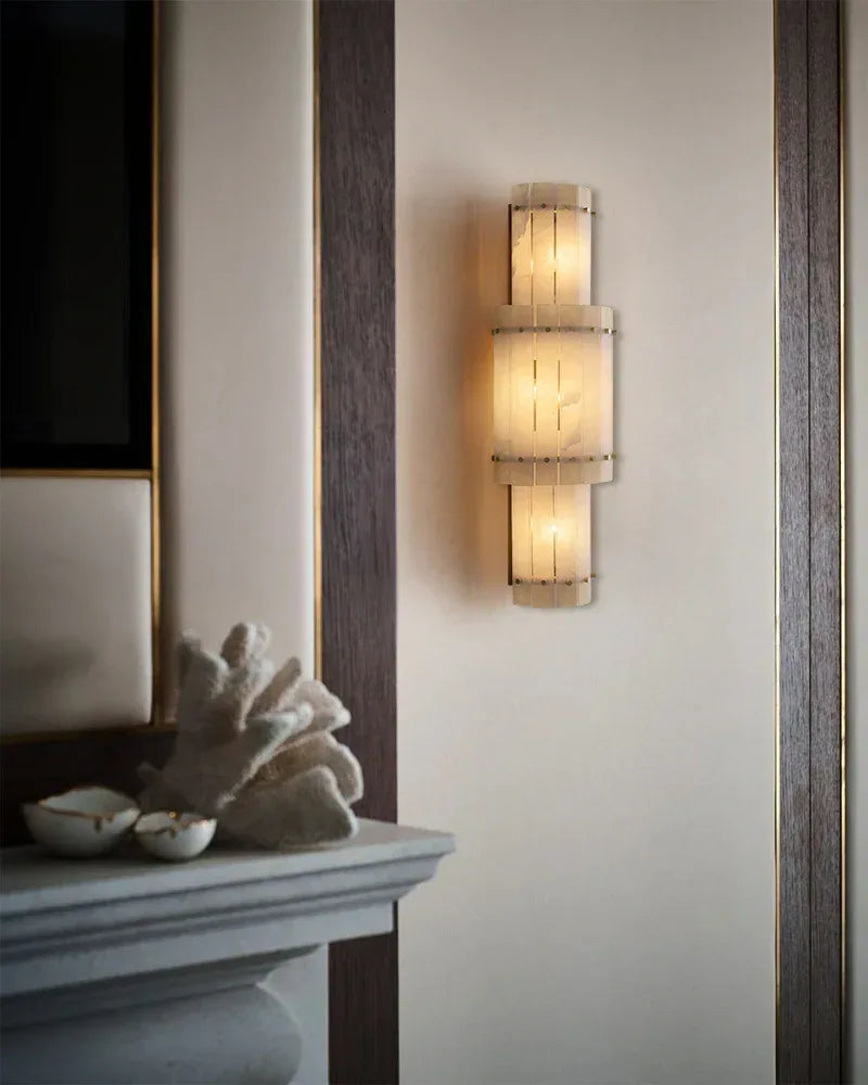 Val d’Isère Series Architectural Wall Sconce | Tiered Alabaster Handcrafted Alabaster panels and mid-century steel, Premium Steel finish for Hallways and Living Spaces Flush Mounted Wall Sconce Lamp