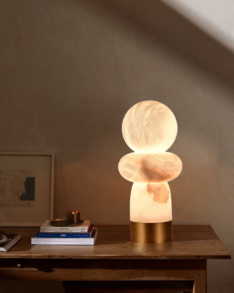 Antique White Alabaster Table Lamp Wide 8" in Brass & Bronze Base Finish