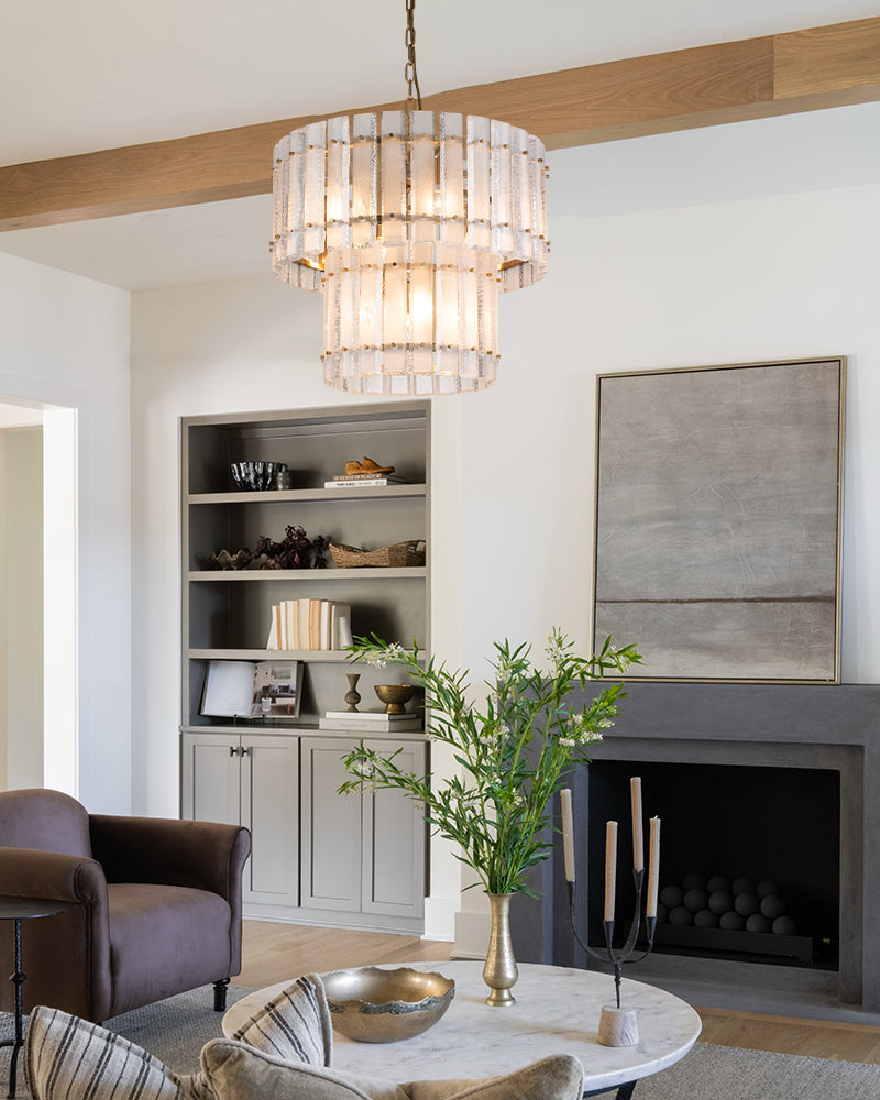 Solstice Aura Ghiaccio Glass Double Tier Drum Chandelier - Lux Gold Trim - Foyers, Dining Rooms & Living Rooms