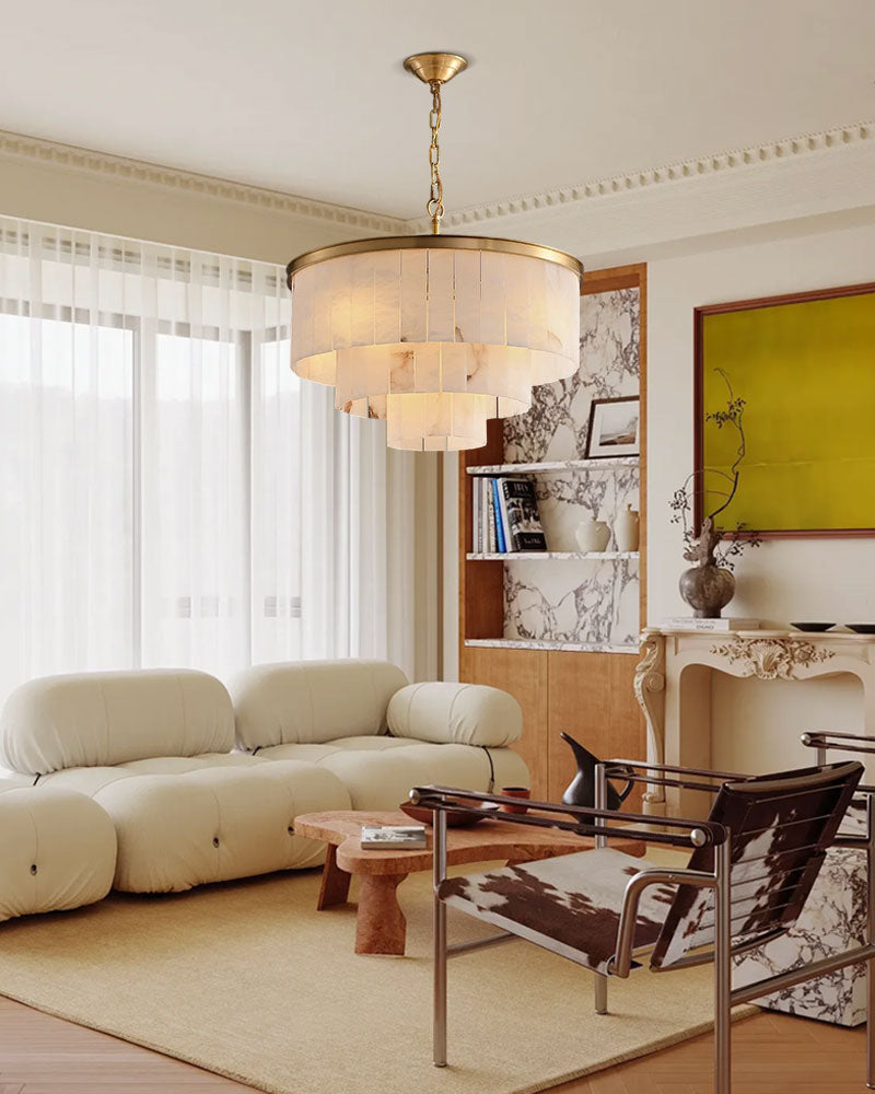 4 Tier White Alabaster Round Chandelier lamp in brass for living room, bedroom, dining room