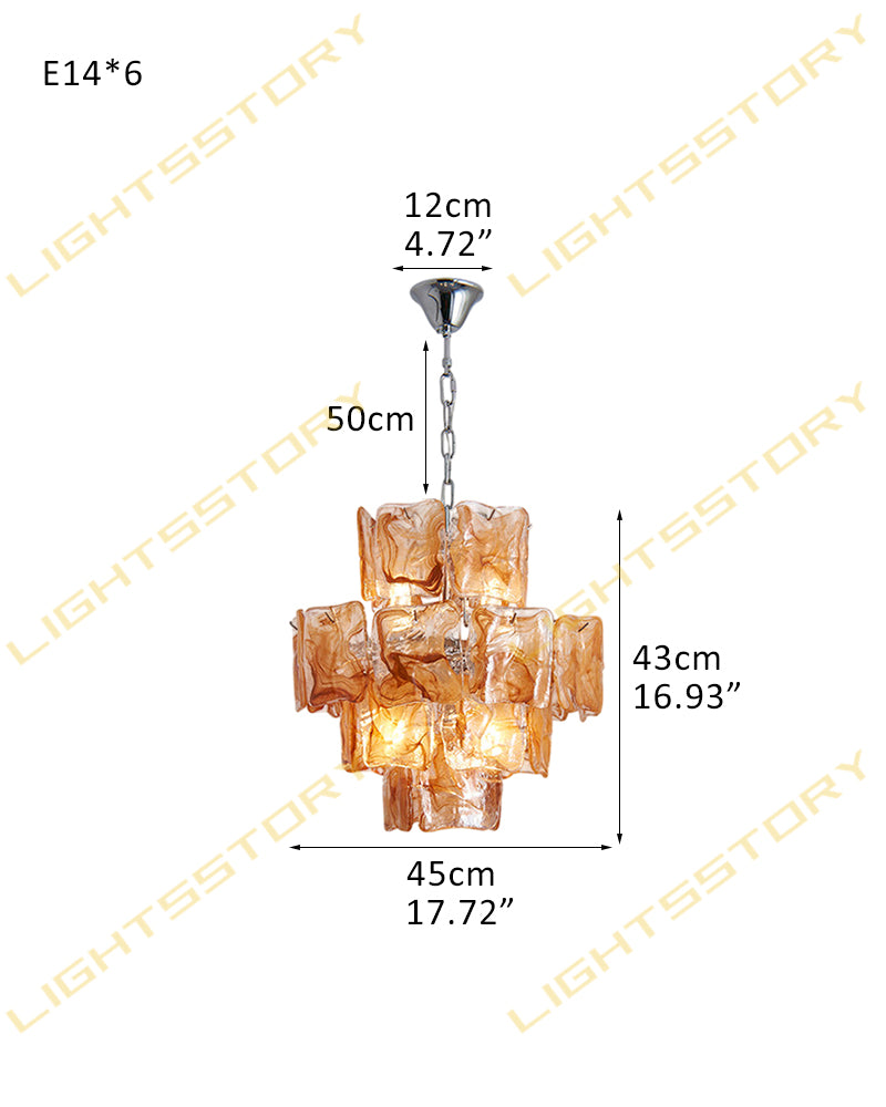 Murano Glass Amber Glow Circular Prism Multi Tiered Waterfall Chandelier - Handblown Glass, Brass Trim - Living Rooms, Dining Rooms & Bedrooms
