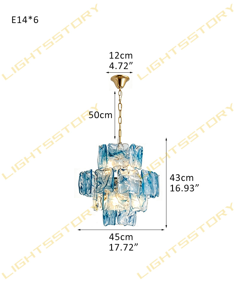 Murano Glass Azure Blue Circular Prism Multi Tiered Waterfall Chandelier - Handblown Glass, Brass Trim - Living Rooms, Dining Rooms & Bedrooms