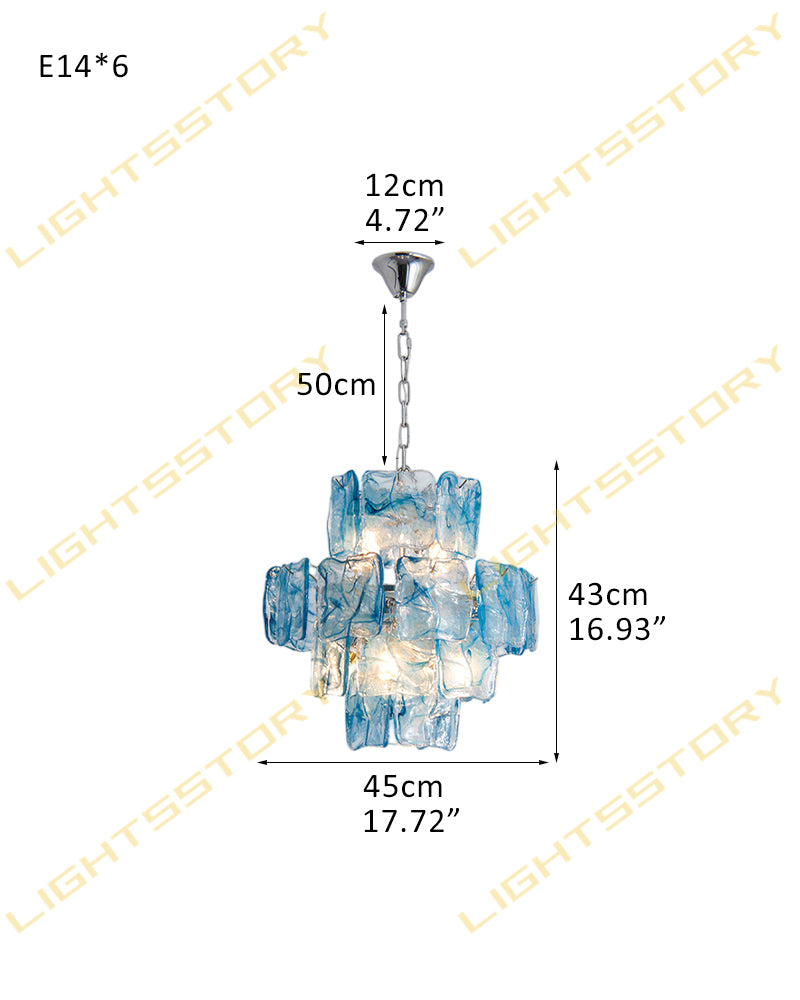 Murano Glass Azure Blue Circular Prism Multi Tiered Waterfall Chandelier - Handblown Glass, Brass Trim - Living Rooms, Dining Rooms & Bedrooms