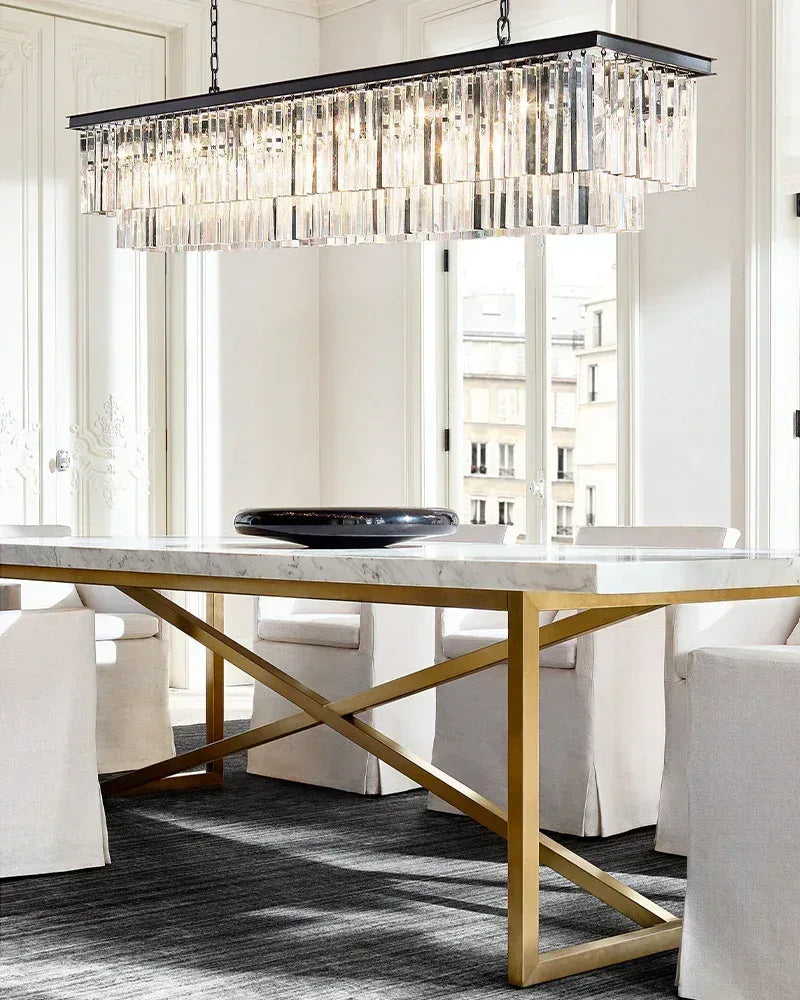 LightsStory Series Prismatic Chandelier | Linear Multi-Crystal Multi-crystal droplets with iron frame, Brushed Gold for Dining rooms, entries, and living areas American Vintage chandelier lamp