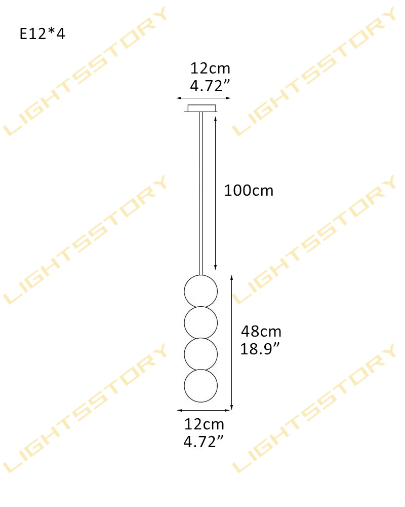 Technical dimension diagram of a hanging light fixture with four round bulbs, showing measurements of 100cm length, 12cm width, and 48cm spacing, with diagonal LIGHTSSTORY watermarks across the image.