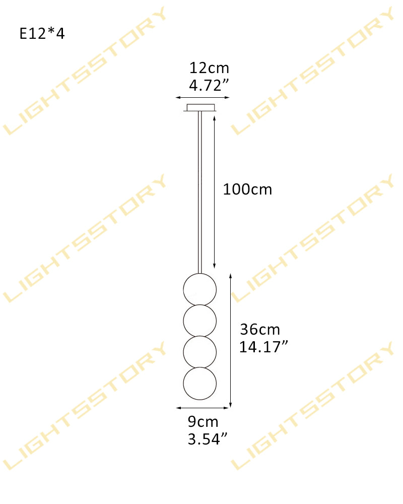 Technical dimension diagram of a hanging light fixture with four round bulbs, showing measurements: 12cm width at the top, 100cm cord length, 36cm height with four bulbs, and 9cm diameter of each bulb, on a white background with LIGHTSSTORY watermarks.