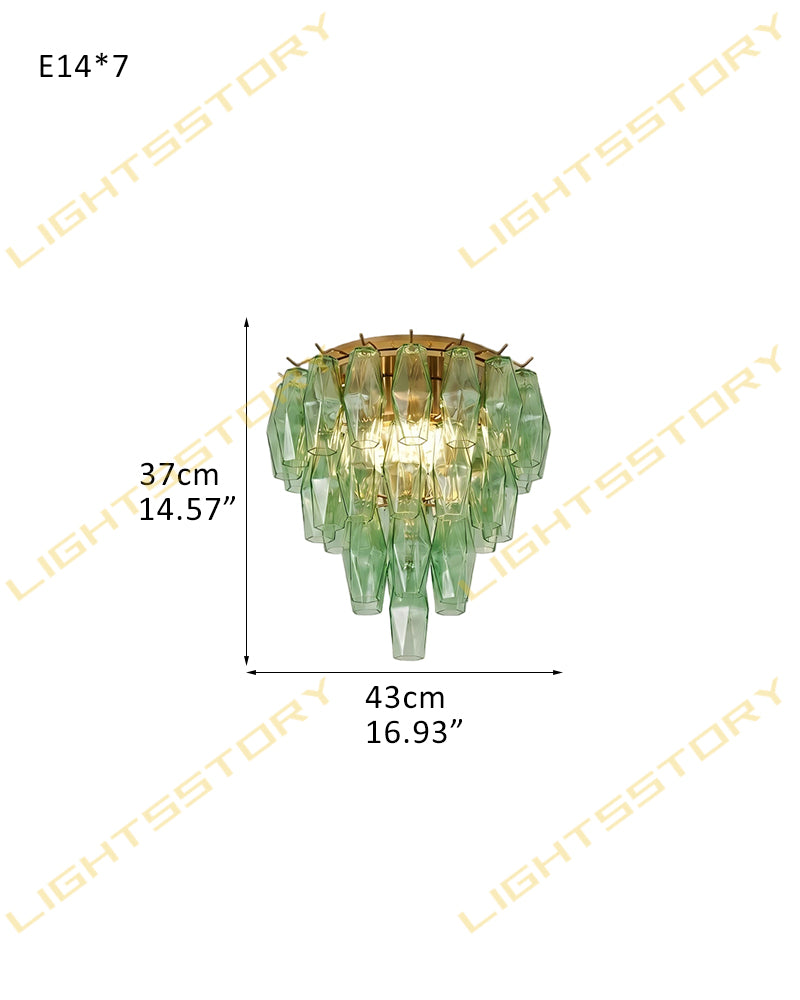 Murano Emerald Green Cascading Prism Ceiling Light - Flush Mount, Lux Gold Trim - Bedrooms & Living Rooms