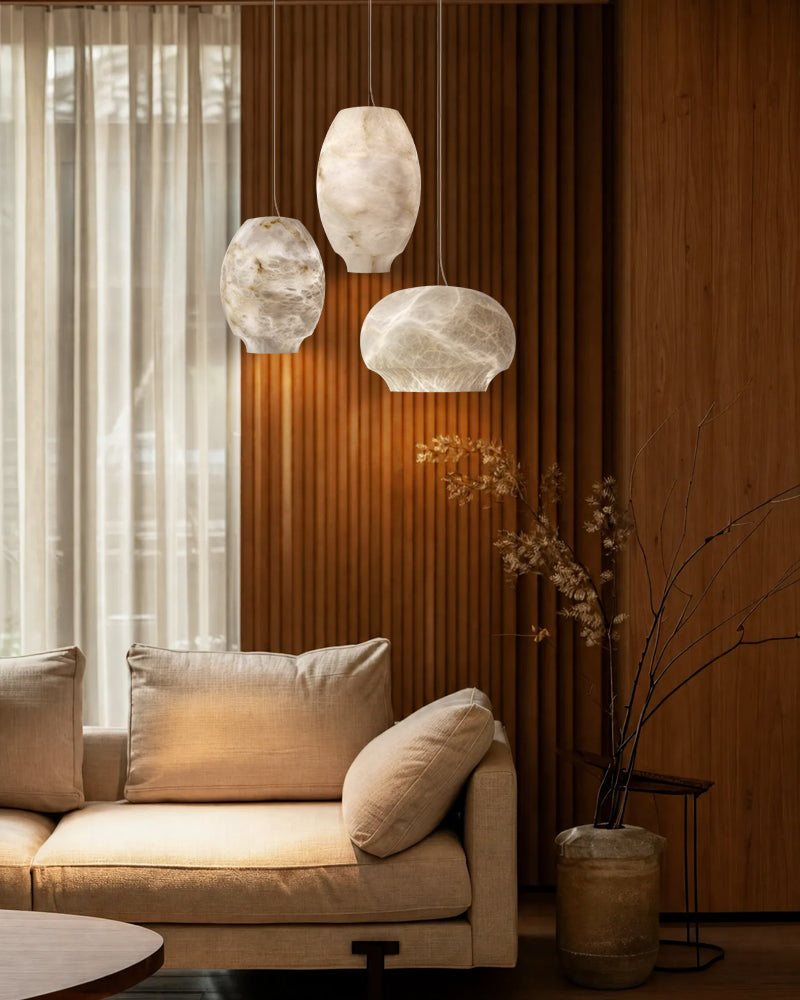 Alabaster Sculptural Geometric Tear Drop Pendant Light - Natural Spanish Alabaster, Lux Gold Trim - Kitchens, Dining & Living Rooms