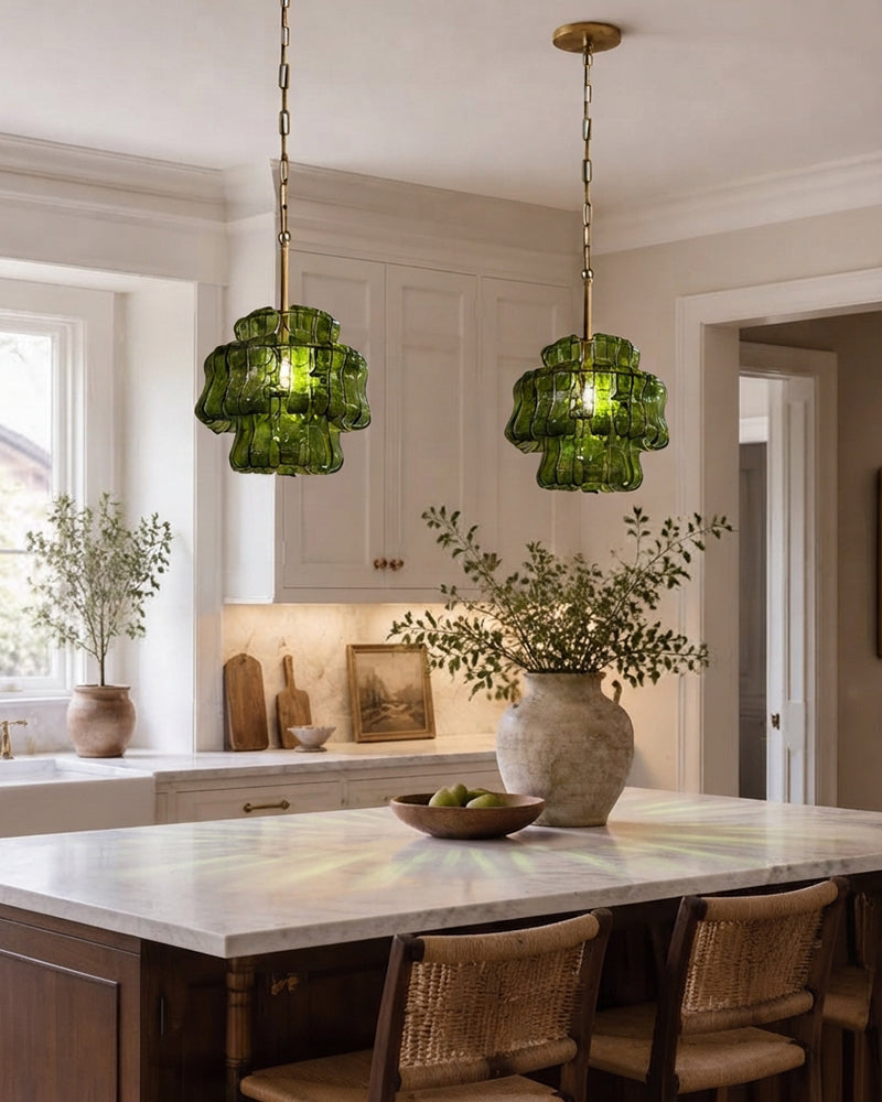 Brina Ghiaccio Murano Smoked Green Glass Lantern Drum Pendant Light - Textured Ice Glass, Lux Gold Trim - Kitchens, Dining Rooms & Living Rooms