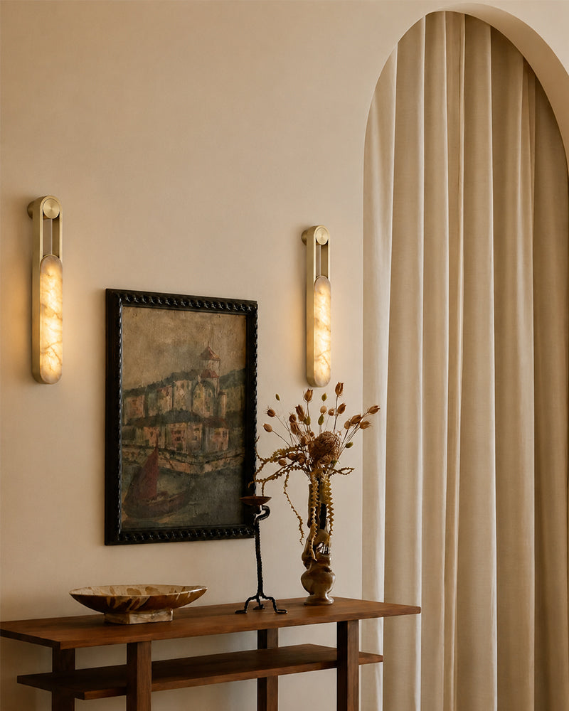 Alabaster Elongated Oval Capsule Gold Mounted Wall Light Sconce - Natural Spanish Alabaster Wall Lamp - Bedroom & Living Room