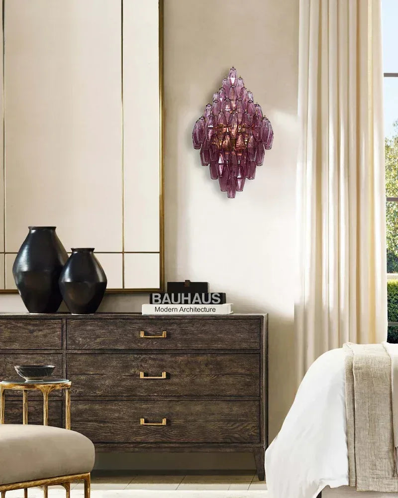 LightsStory Series Refractive Wall Light | Tiered Handblown Glass Handblown glass polyhedrons on a tiered steel frame, Lilac handblown glass with steel frame for Luxury bathrooms and vanity areas American Vintage chandelier lamp