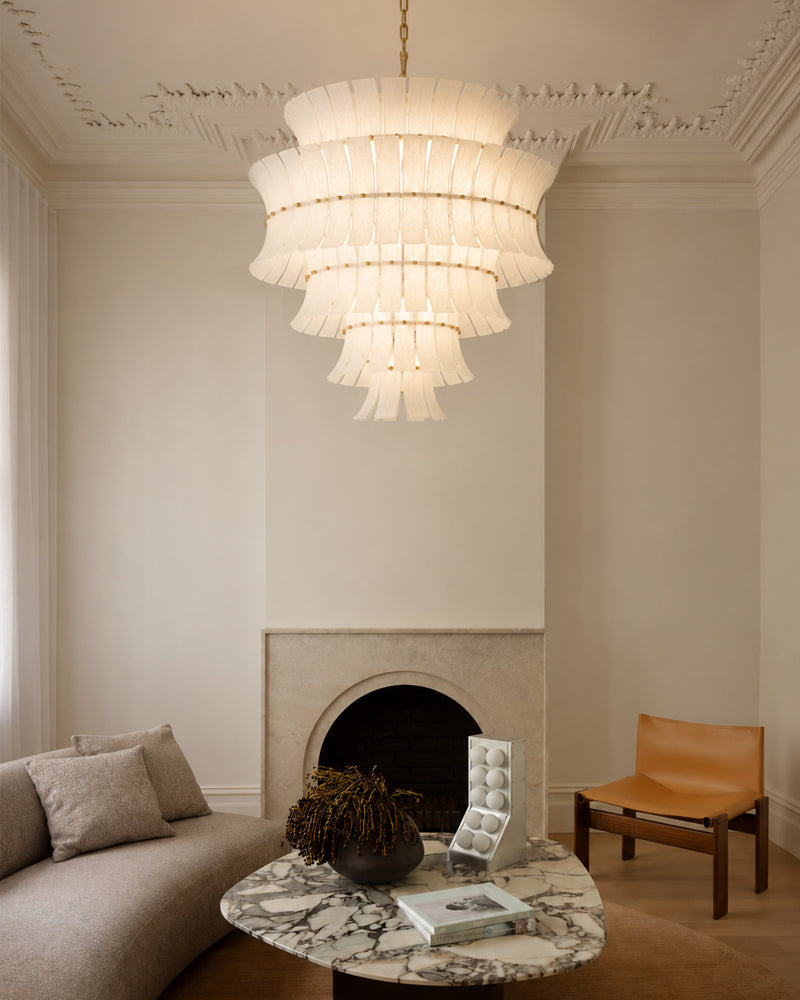 Ghiaccio Glass Ethereal White Multi Tiered Waterfall Chandelier - Heritage Brass Trim - Living Room & Dining Room