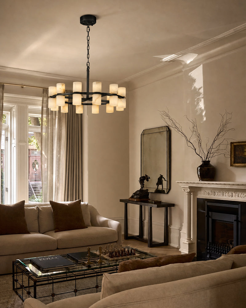 Alabaster Dual Candle Halo Ring Candelabra Chandelier- Natural Spanish Alabaster, Heritage Brass Trim - Living Rooms, Dining Rooms, Lobby, Stairwells