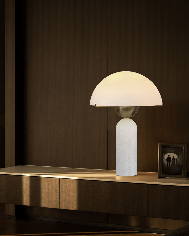 G9 Alabaster marble table lamp with unique dome shade on modern wooden console.