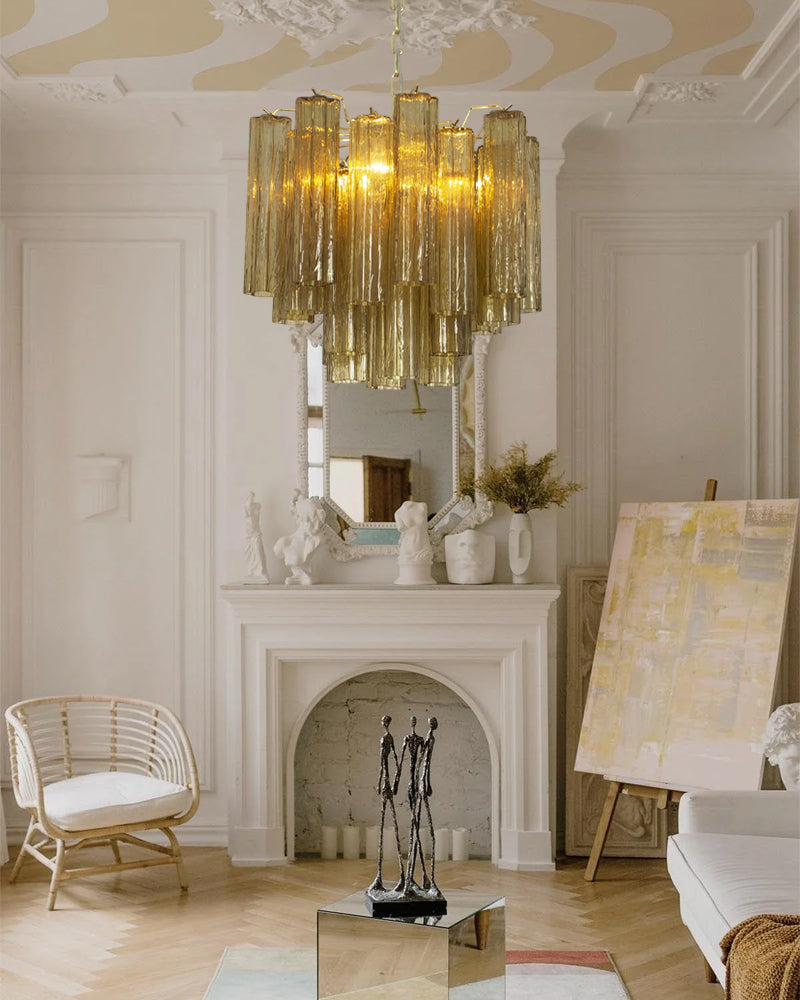 Fantastic Murano Amber Glass Tube Chandelier in Chrome & Golden Frame