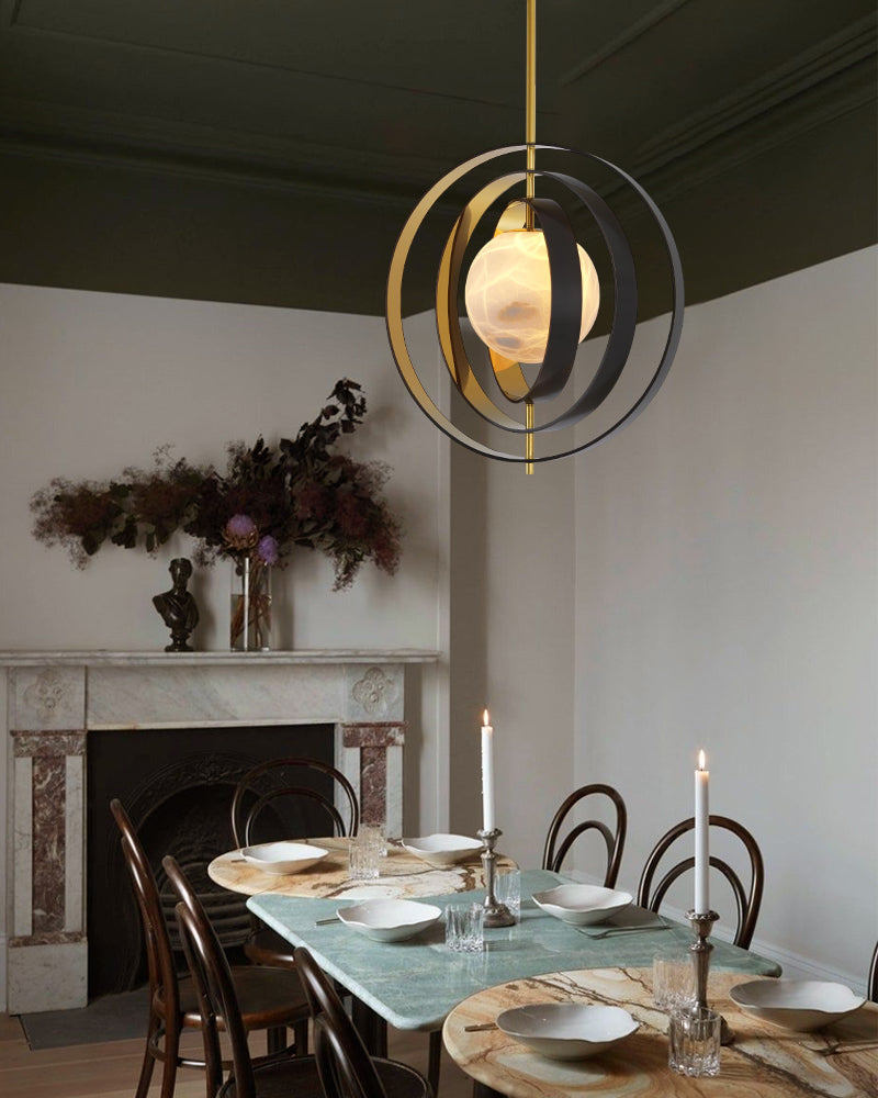 White Alabaster Round Ceiling Pendant Lamp - Gold & Bronze Rotatable Ring