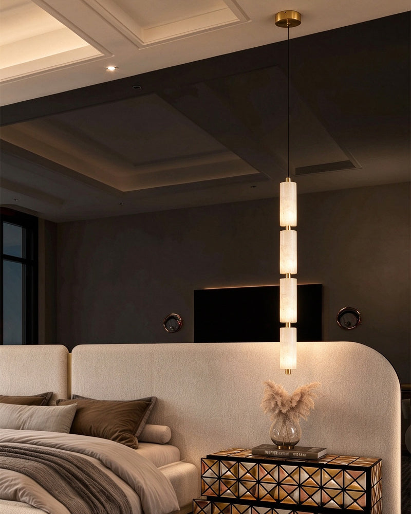 Brass pendant light with vertical alabaster cylinder glass shades, stem-mounted