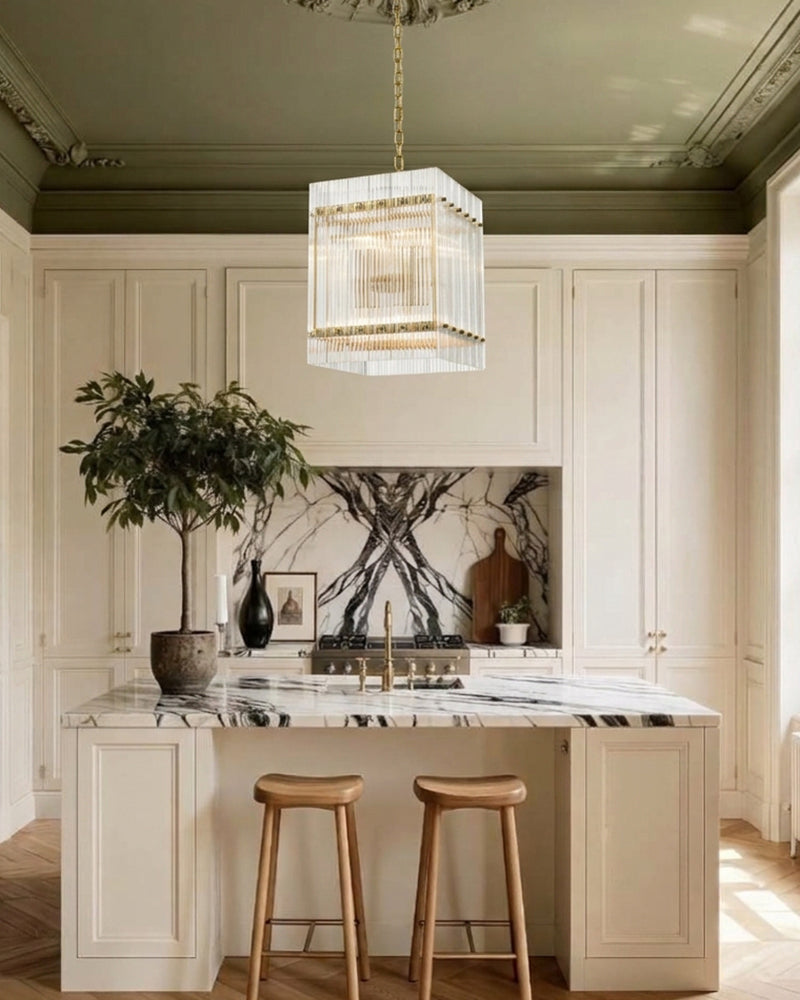 Solstice Aura Fluted Glass Lantern Cube Pendant Light - Lux Gold Trim - Living Rooms, Dining Rooms & Hallways