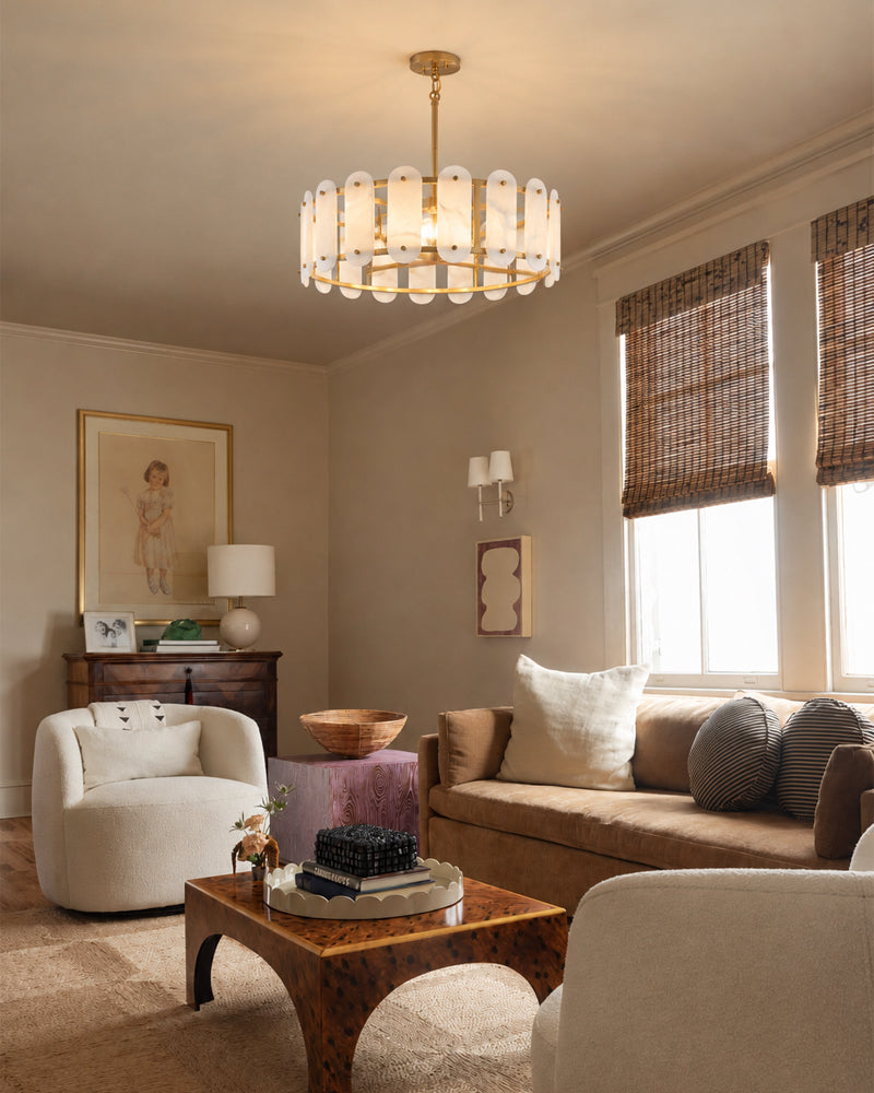 Brass-trimmed oval alabaster pendant light with five bulbs
