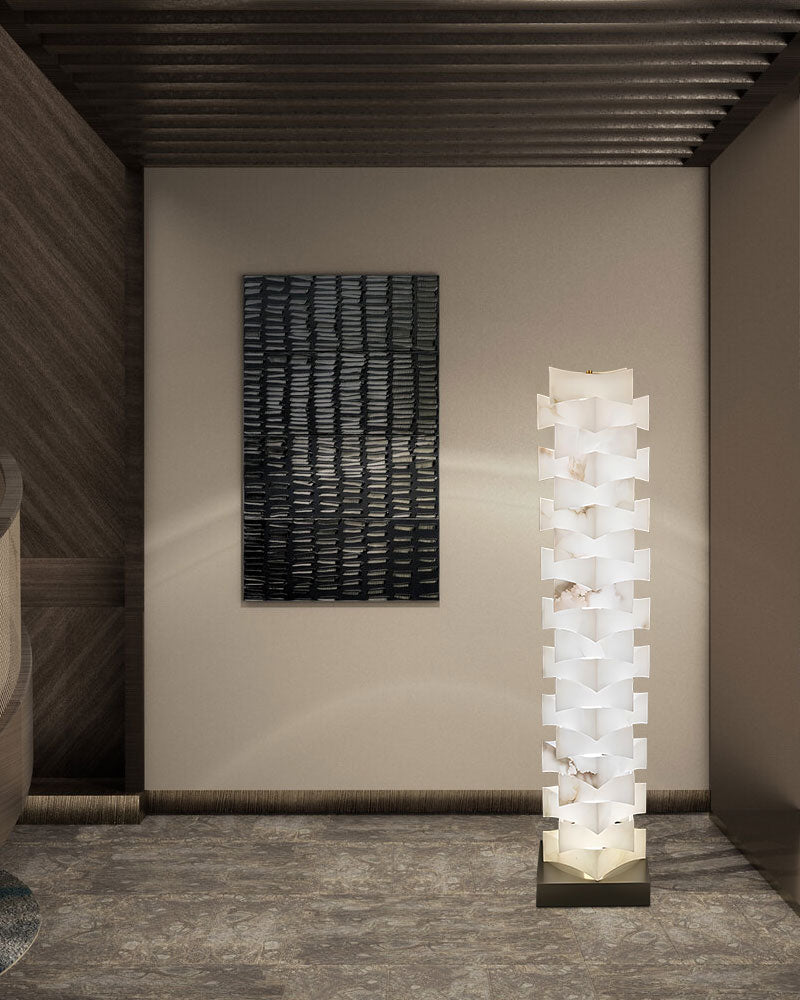 LED Stacked Laminated Square High Floor Lamp with Alabaster Marble shade