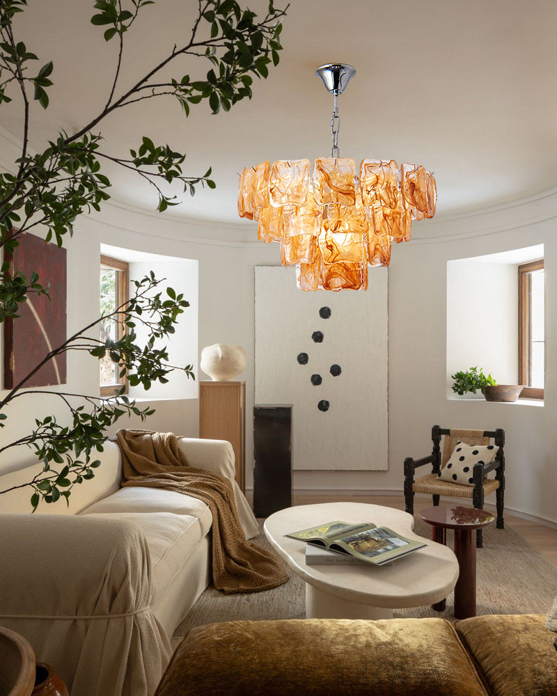 Murano Glass Amber Glow Circular Prism Multi Tiered Waterfall Chandelier - Handblown Glass, Brass Trim - Living Rooms, Dining Rooms & Bedrooms