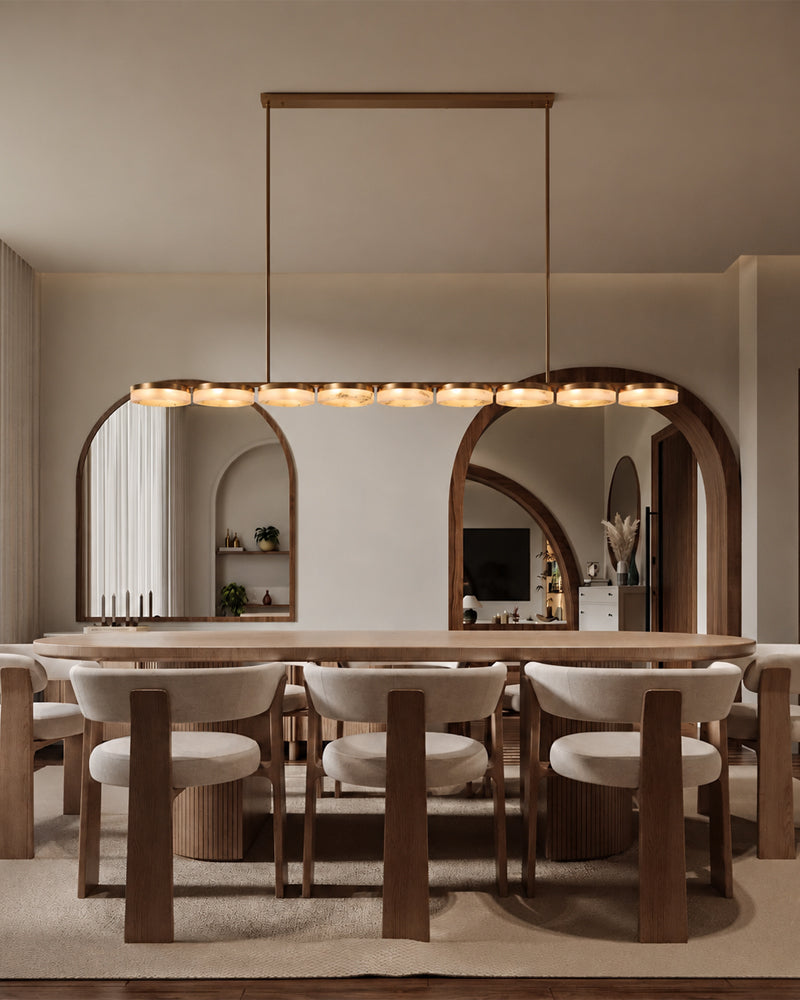 Alabaster Multi Disc Cluster Linear Pendant Light - Natural Spanish Alabaster, Lux Gold Trim - Kitchen Islands & Dining Rooms