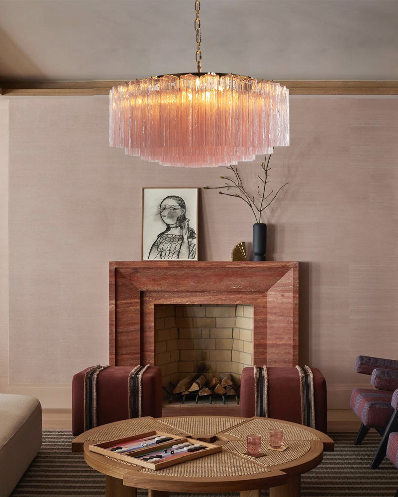 Cortina Murano Glass Blush Rose Pink Fluted Prism Drum Chandelier - Hand Blown Murano Glass, Serene Chrome Trim - Living Rooms, Bedrooms, Dining Rooms