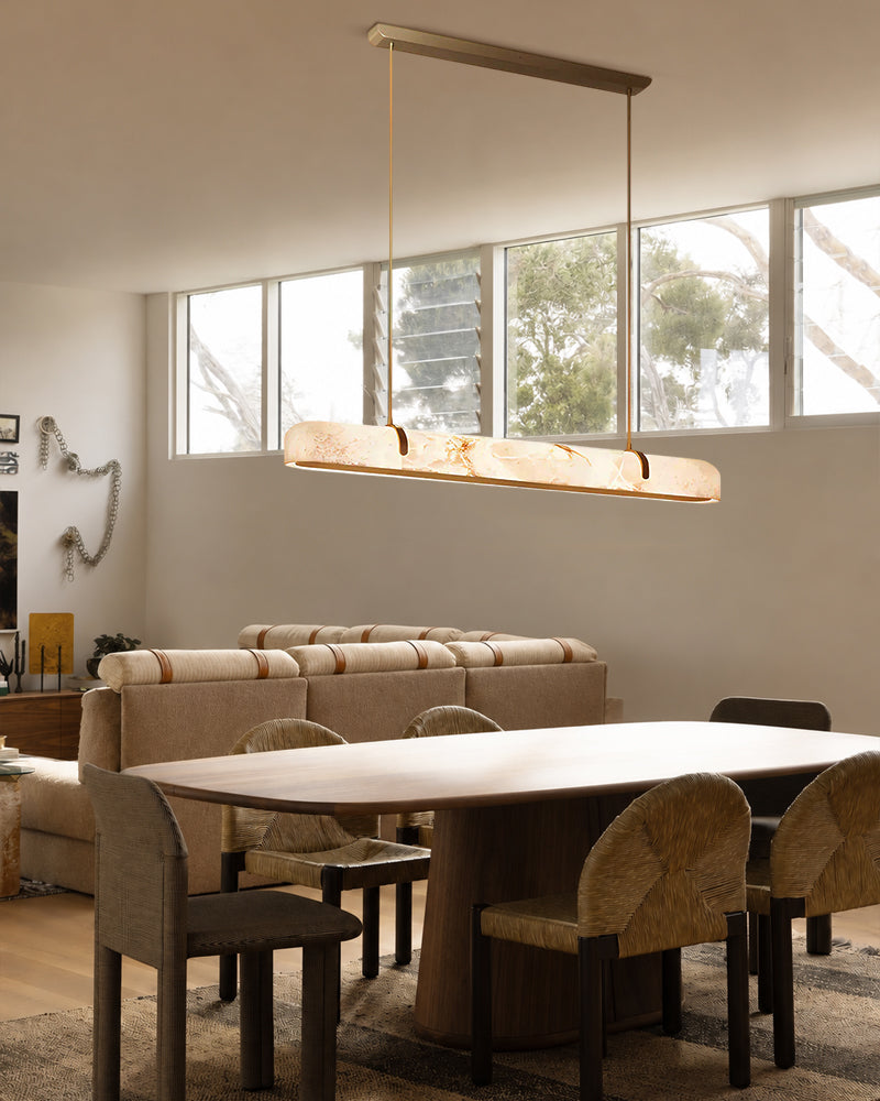 Alabaster Linear Capsule Chandelier - Natural Spanish Alabaster, Lux Gold Trim - Kitchen Islands & Dining Rooms