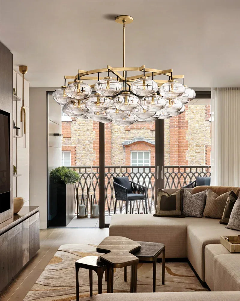 Vence Series Prismatic Chandelier | Round Clear Glass Shades with Freeform Black Cords, Polished canopy with black cord contrast for Living Rooms and Dining Areas American Vintage chandelier lamp