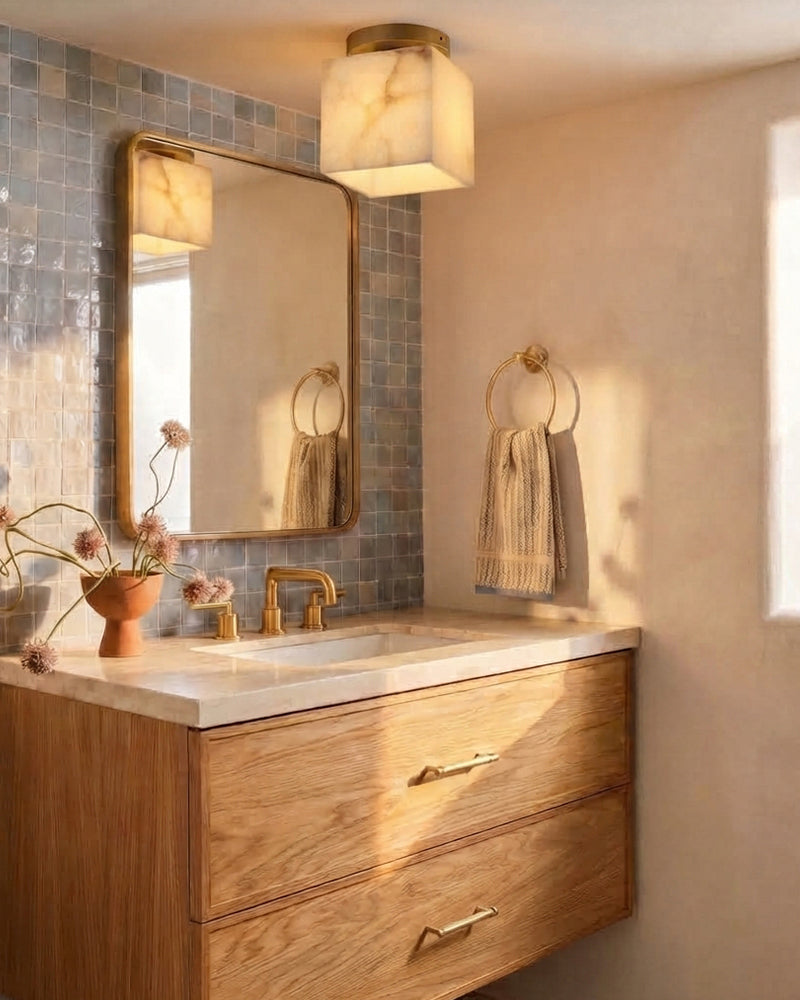 Alabaster Cube Ceiling Light - Natural Spanish Alabaster, Flush Mount, Heritage Brass Trim - Bedrooms, Hallways, Bathrooms & Living Rooms